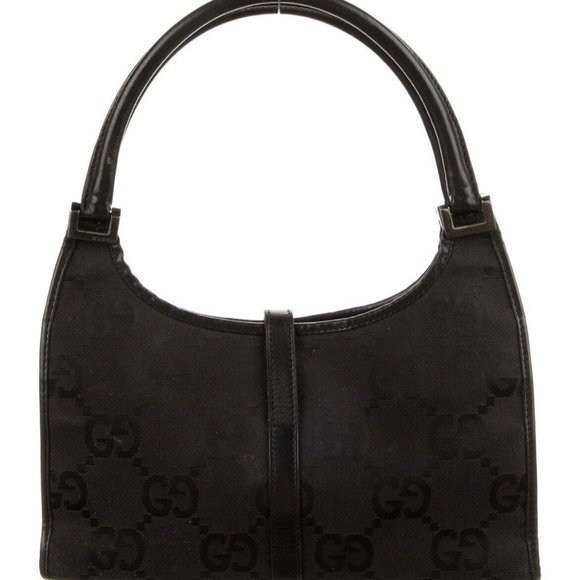 Authentic Gucci GG Jackie Bag Black Canvas Leather Trim Gun Metal Hardware - Picture 3 of 6